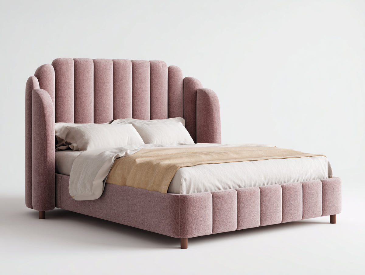 Doppelbett 220x190x120 cm Polsterbett mit hohem Kopfteil Samtstoff Doppelbett in Rosa Modernes Schlafzimmerbett