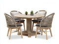 Garten Essgarnituren aus Holzoptik mit rundem Tisch und 4 Stühlen  -  Originalholzfarbe und Grau  -  Modernes Design für Terrasse und Garten