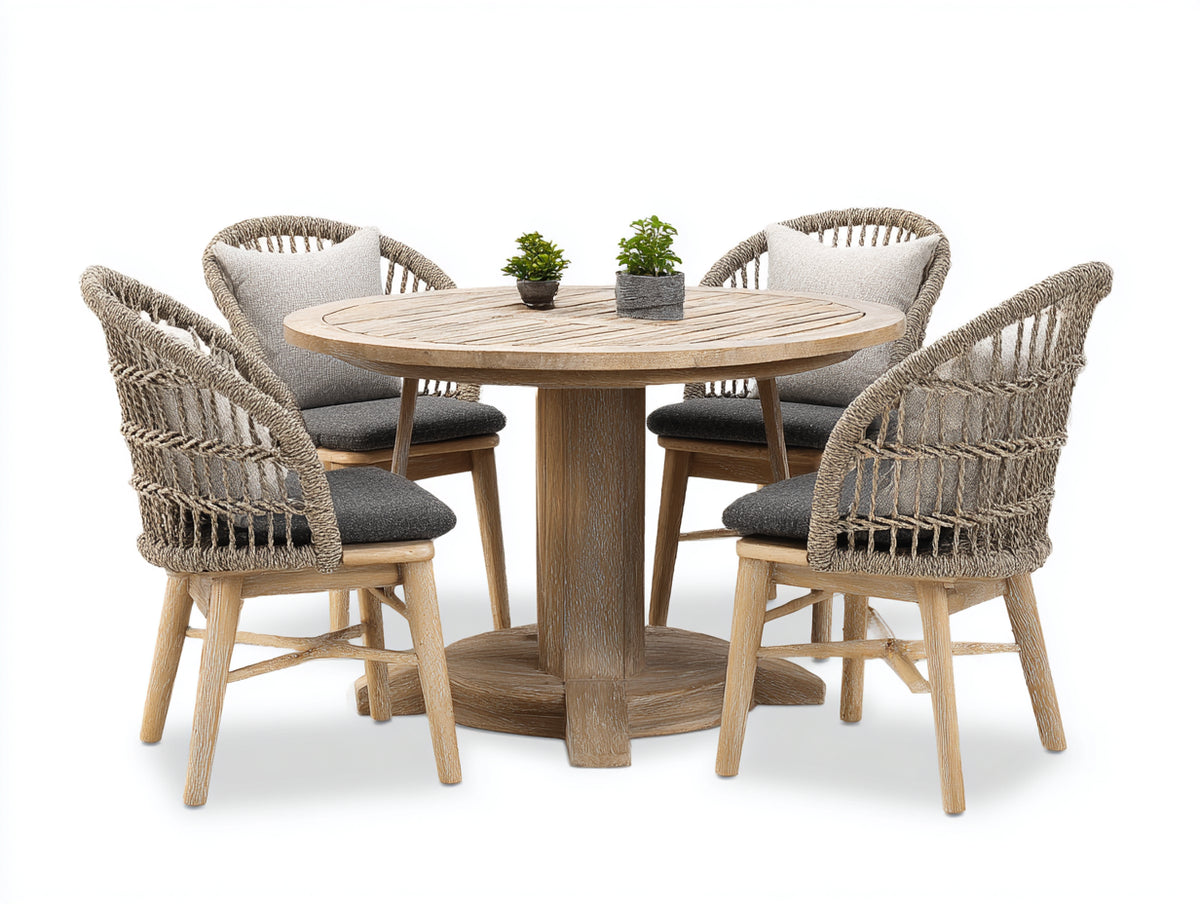 Garten Essgarnituren aus Holzoptik mit rundem Tisch und 4 Stühlen  -  Originalholzfarbe und Grau  -  Modernes Design für Terrasse und Garten