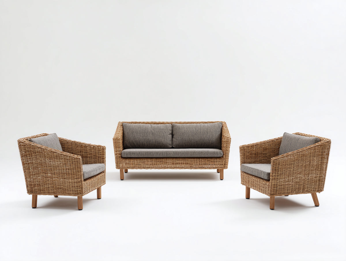 Gartensofa 180x75x85 cm Polyrattan Grau Natur Outdoor Lounge Sofa Set Modernes Design