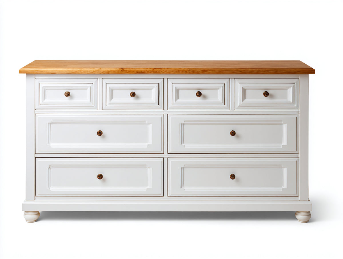 Kommode mit Schubladen 160x40x85 cm Sideboard mit 8 Schubladen Holzkommode Weiß mit Naturholzplatte Klassischer Stauraumschrank