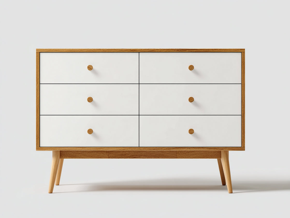 Kommode mit Schubladen 160x40x80 cm Holzkommode mit 6 Schubladen Weiß mit Naturholzrahmen Modernes Aufbewahrungsmöbel