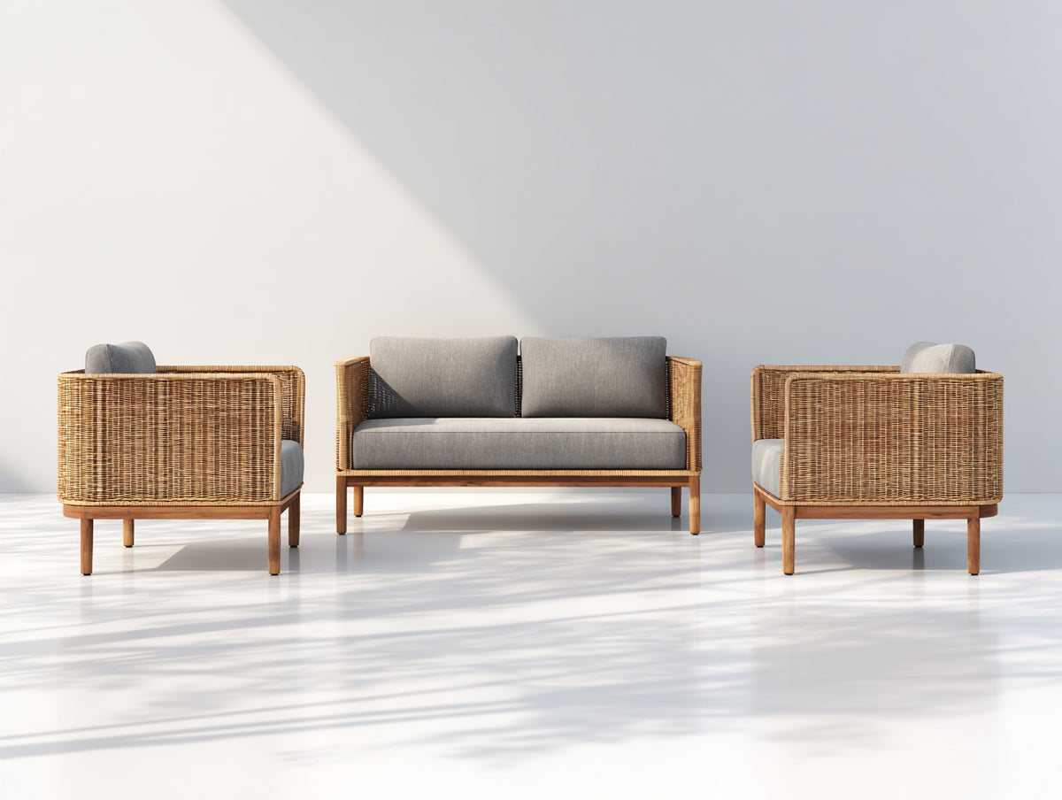 Gartensofa Polyrattan 220x80x85 cm - Naturholz und Grau - modernes Outdoor Sofa Set