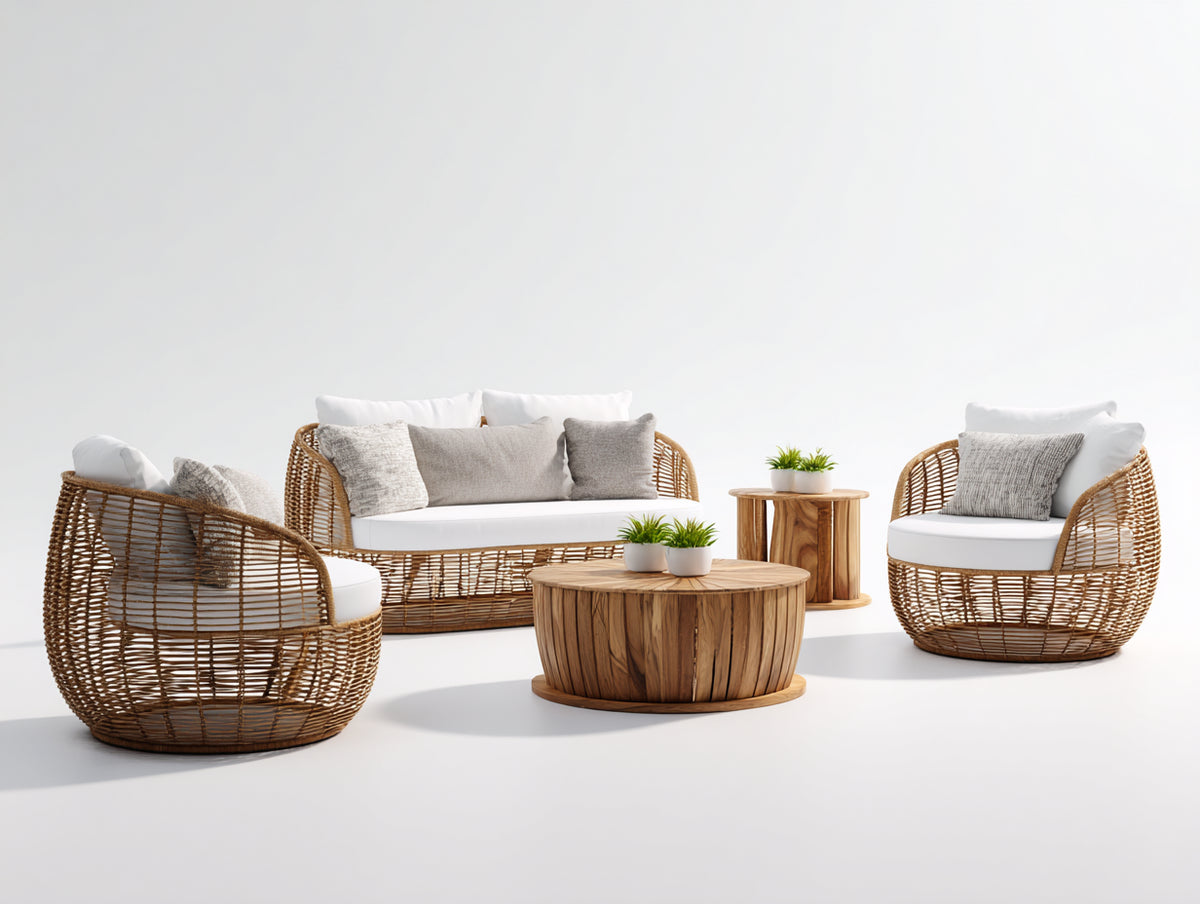 Gartensofa Rattan Optik mit 3-Sitzer Sofa 220 x 85 x 75 cm und 2 Sesseln - Naturfarbe und Weiß - Modernes Design für Terrasse und Garten