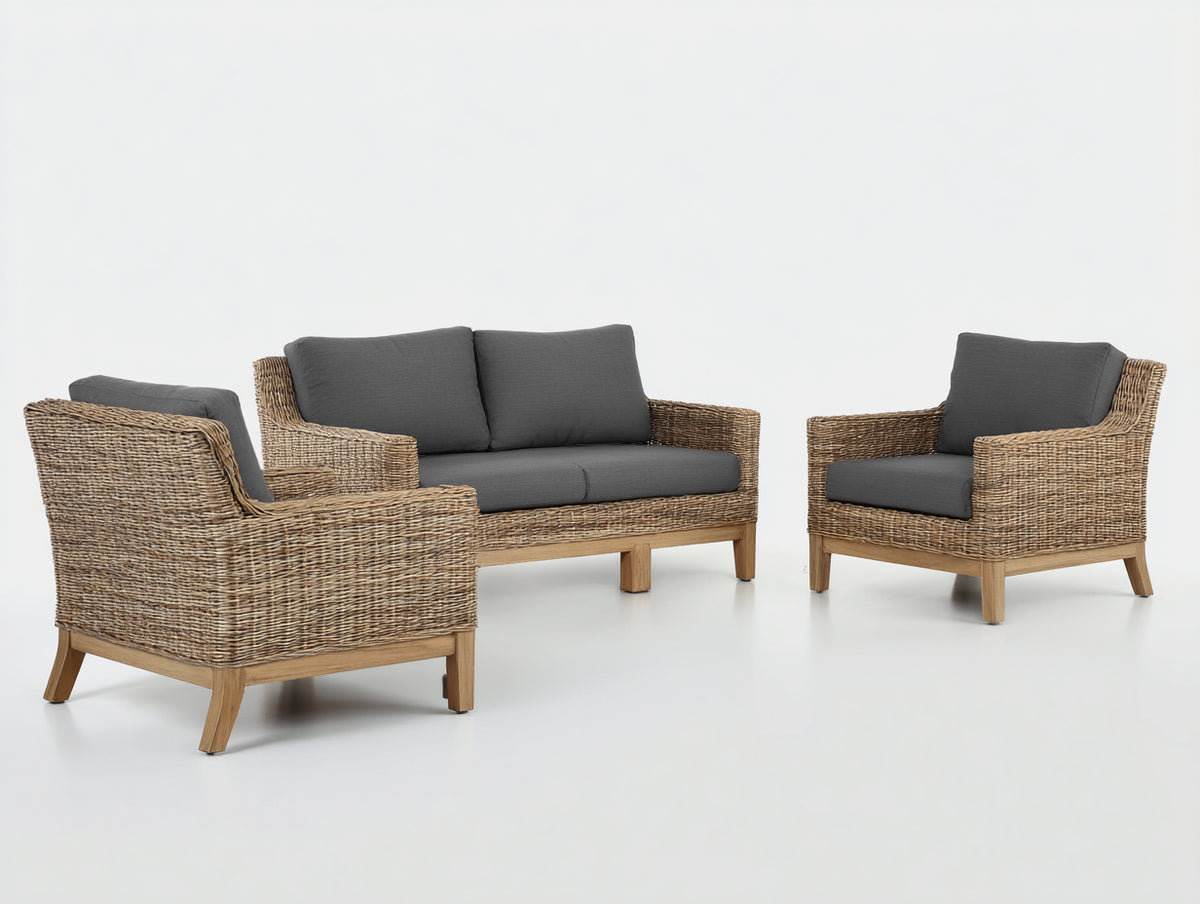 Gartensofa Lounge Set 180 x 80 x 75 cm Polyrattan und Holz in Natur und Grau für Garten und Terrasse