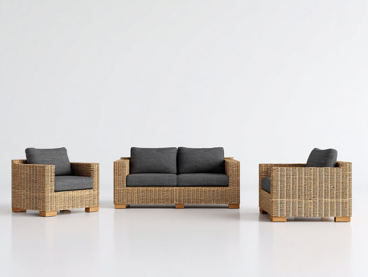 Gartensofa Polyrattan 220x80x85 cm - Naturholz und Grau - modernes Outdoor Sofa Set