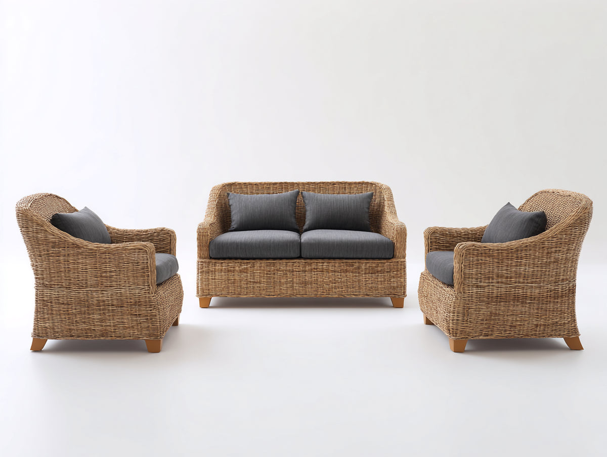 Gartensofa Rattan Lounge Set 3-teilig mit Sofa und Sesseln Naturbraun-Grau 180 x 80 x 75 cm