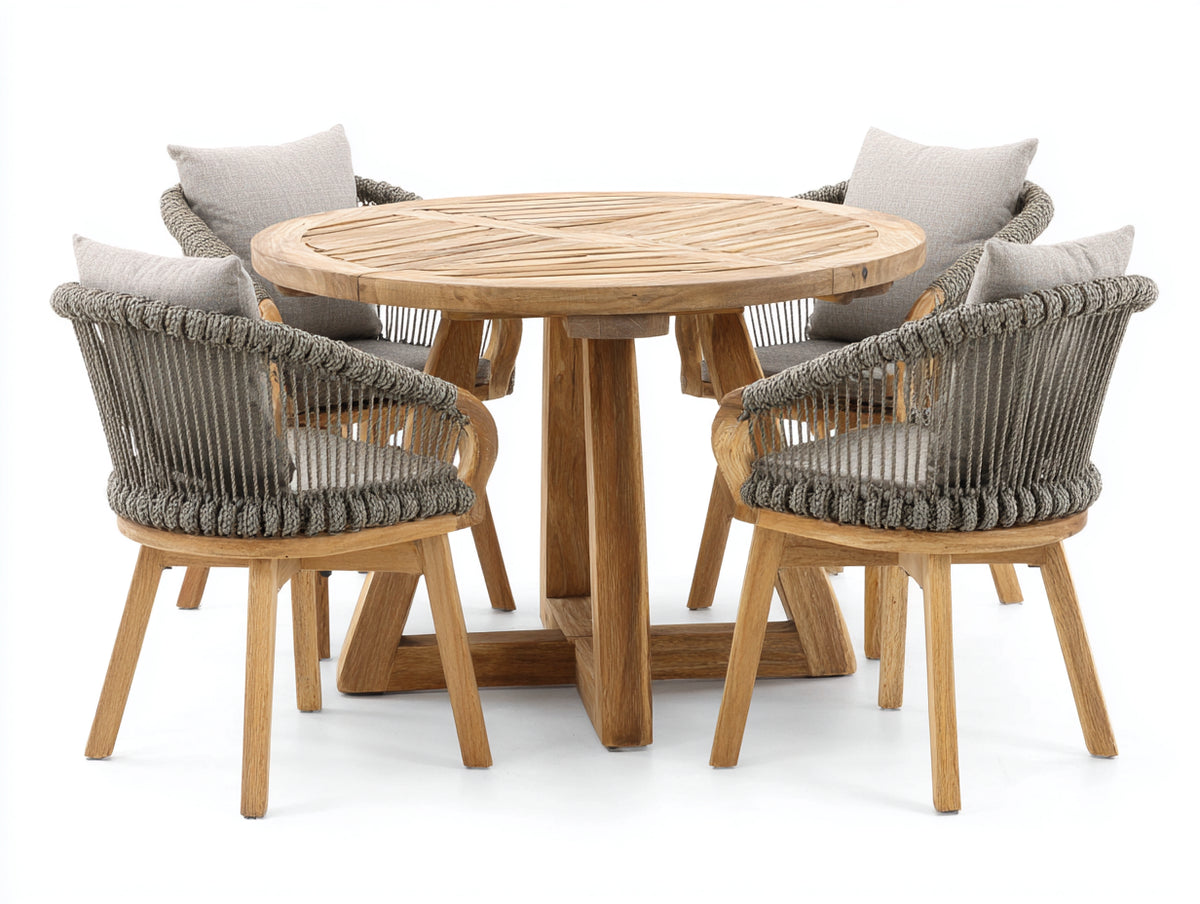 Garten Essgarnitur Holz Gartentisch mit 4 Stühlen Rundes Design 140x140x75 cm Naturholz-Grau