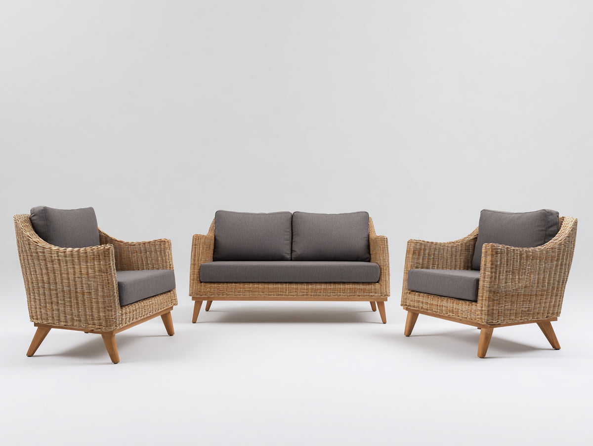 Gartensofa Polyrattan 220x80x85 cm - Naturholz und Grau - modernes 3-teiliges Gartenset