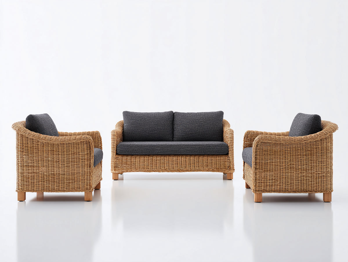 Gartensofa Polyrattan Optik mit 3-Sitzer Sofa 180 x 75 x 75 cm und 2 Sesseln - Naturfarbe und Grau - Modernes Design für Terrasse und Garten