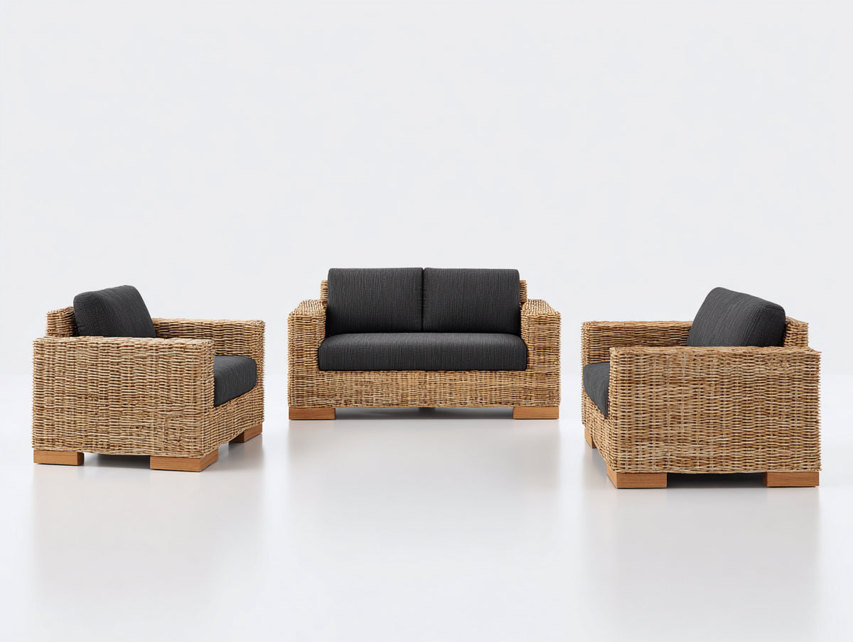 Gartensofa Rattan Optik mit 3-Sitzer Sofa 180 x 75 x 75 cm und 2 Sesseln - Naturfarbe und Grau - Modernes Design für Terrasse und Garten